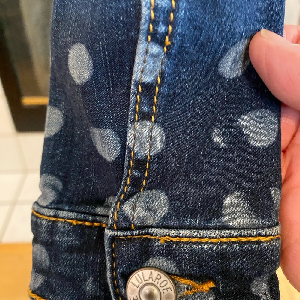 LulaRoe Kenny Denim Jacket Polka Dot, Hearts, Dark/Light Blue, Size Extra Small - Picture 5 of 13